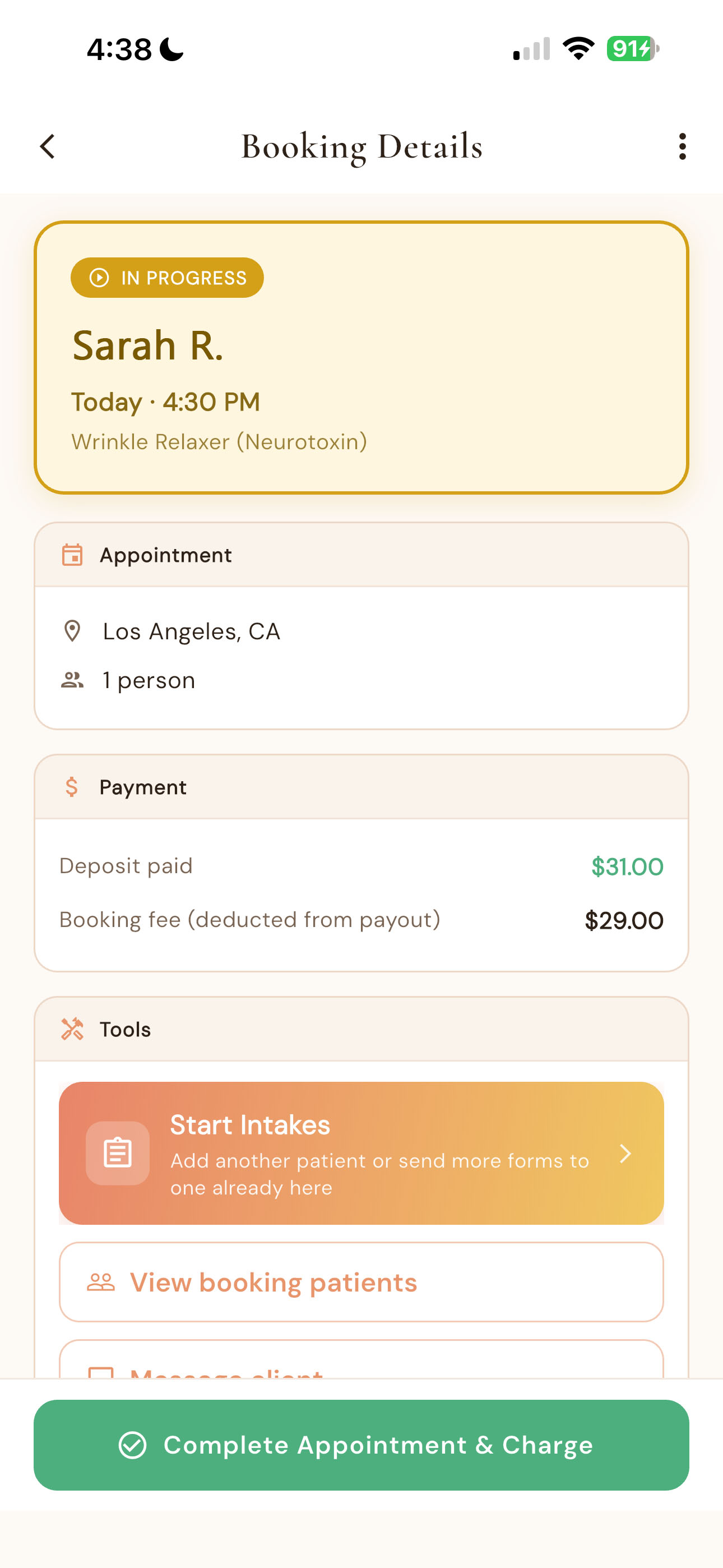 Booking details in the Prikme app